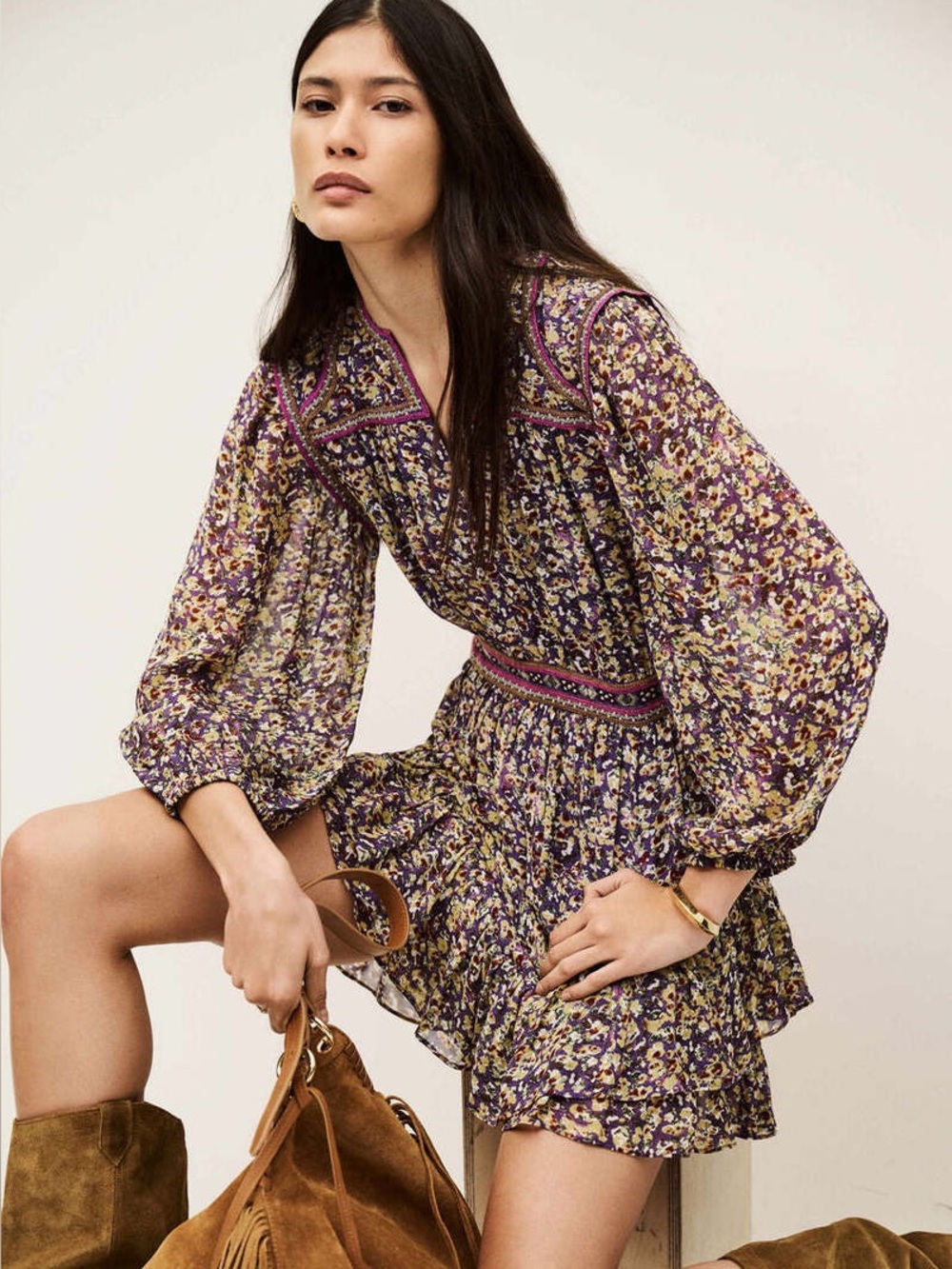 ba&sh Loly Floral Balloon Sleeve Layered Mini Dress